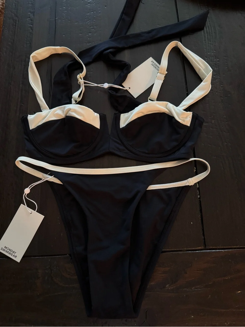 Monday Swimwear Clovelly Bikini Top Black & Cream V-Notch Balconette
